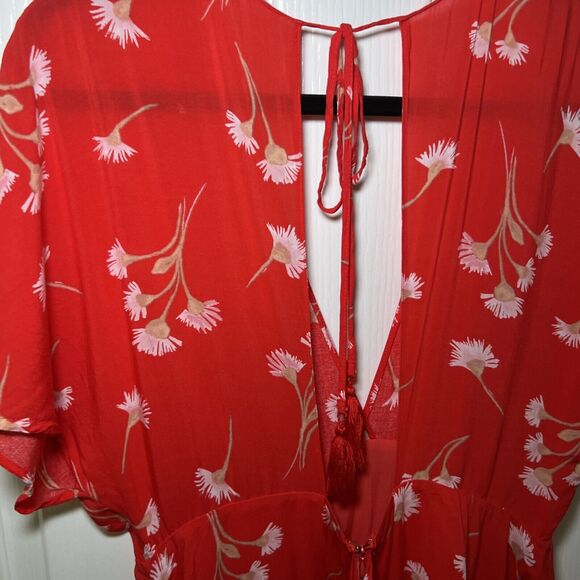 Lush Kimono Deep V Mini Dress Size Large Red Floral Double Button Front Tie Back - Picture 5 of 14